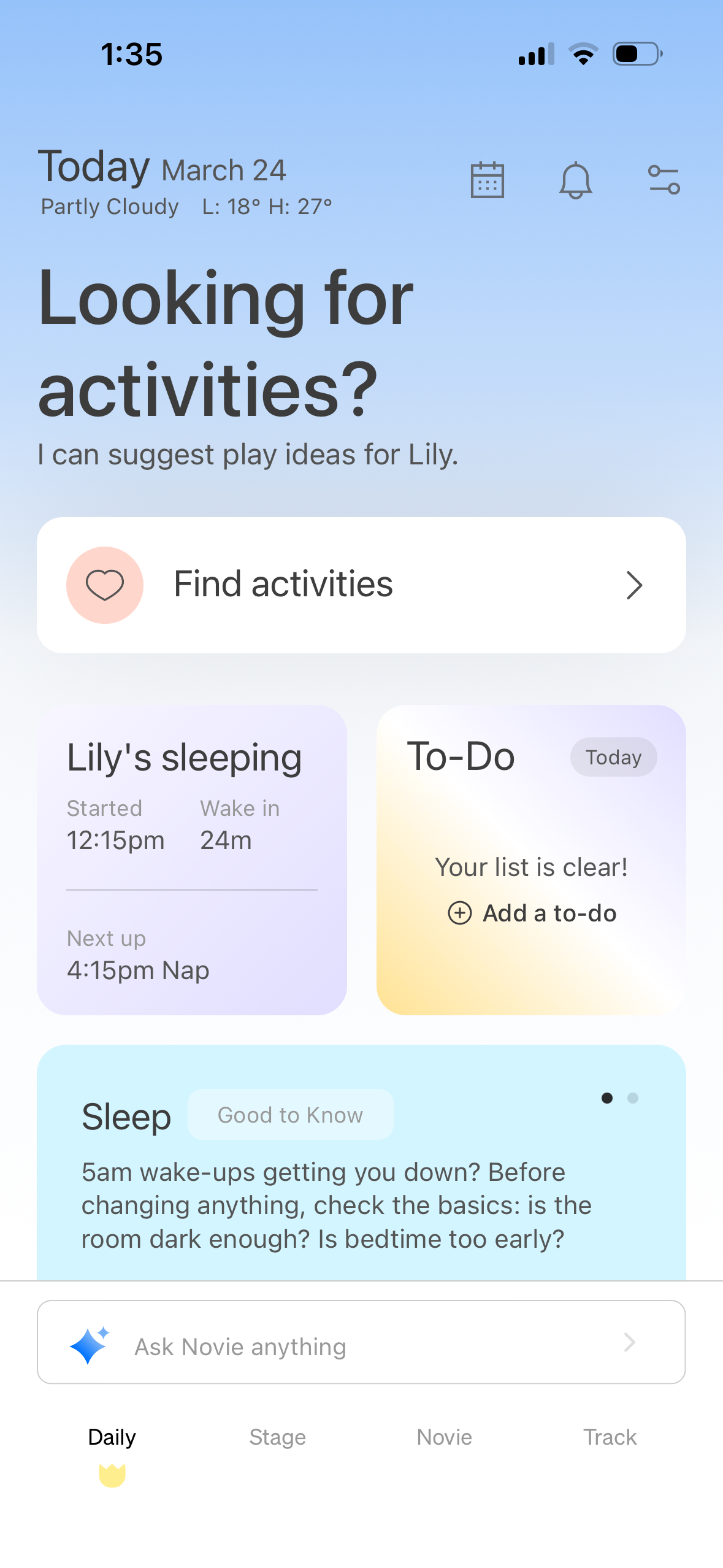 Novie Daily view showing personalized parenting guidance